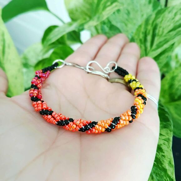 Adjustable Gradient Beaded Bracelet, Seed Bead Jewelry, Red Orange Yellow Black - Picture 4 of 8
